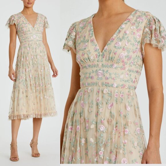 Mac Duggal 35104 Womens Nude Floral Embroidered V-Neck Cap Sleeve Midi Dress - Picture 1 of 14